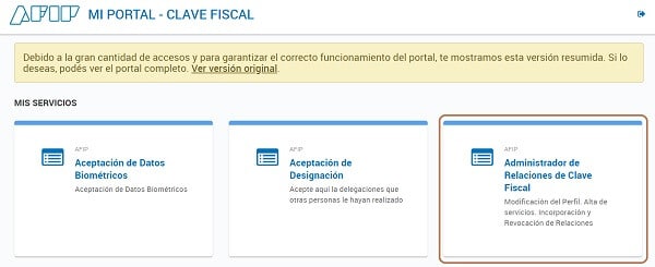 Buscá la opción "Administrador de Relaciones de Clave Fiscal"