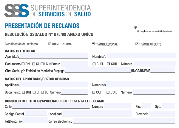 Formulario para la presentación de reclamos de tu obra social o prepaga ante la Superintendencia de Salud